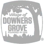 Barrel logo with 'Village of Downers Grove Founded in 1864' text, tree, and skyline.