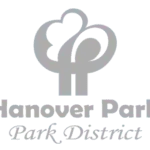 Grey stylized tree logo for Hanover Park Park District on a teal background.